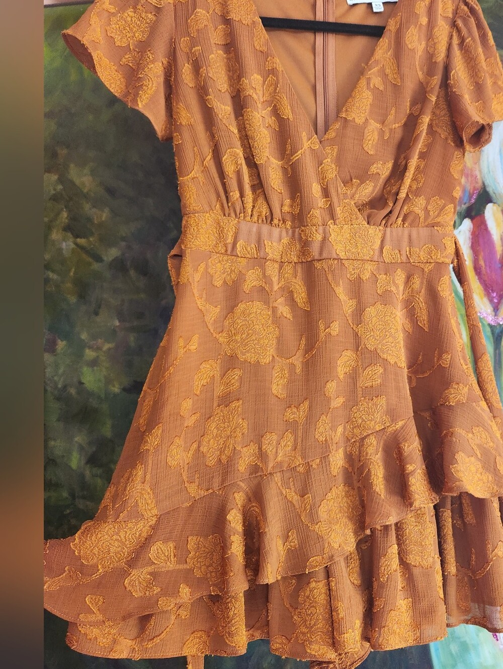 ALLISON & KELLY Copper MUSTARD Rust Floral Wrap Romper Mini SS TIE Zip Dress XSP - Picture 2 of 16